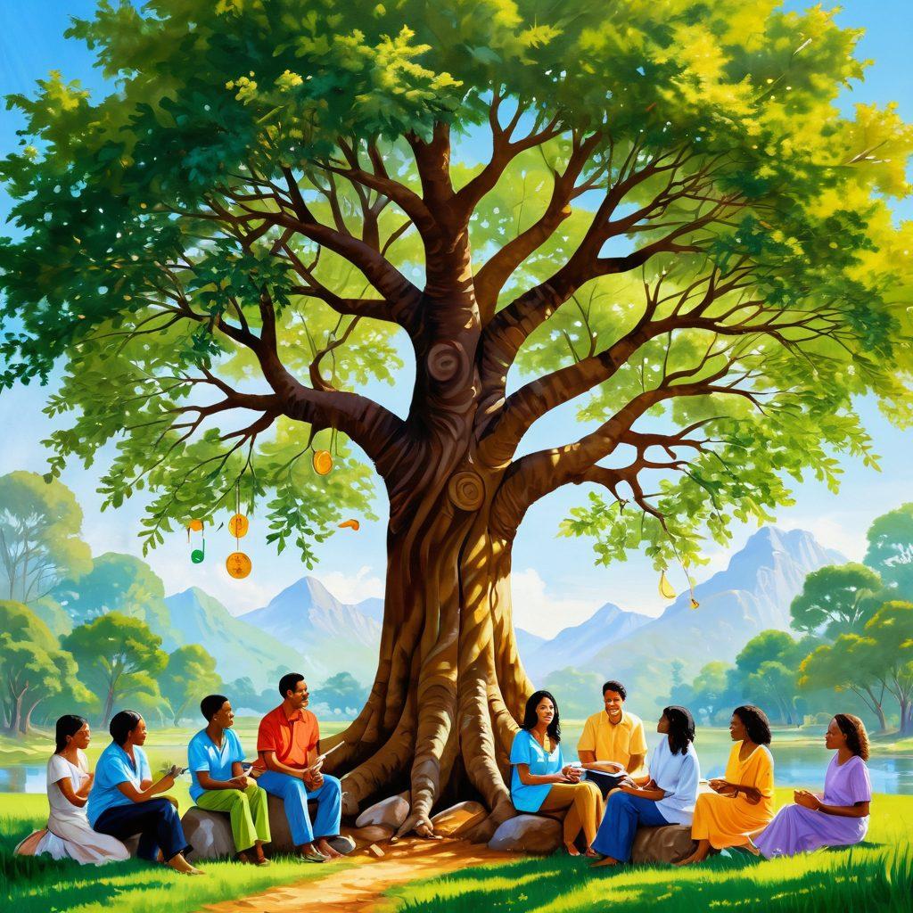 A serene landscape depicting a diverse group of people joyfully discussing investment strategies around a large tree symbolizing growth and prosperity. Sunny skies, lush greenery, and financial symbols subtly integrated into nature, such as coins, charts, and dollar signs. Smiling faces radiating happiness and contentment, with a warm and inviting atmosphere. painting. vibrant colors.
