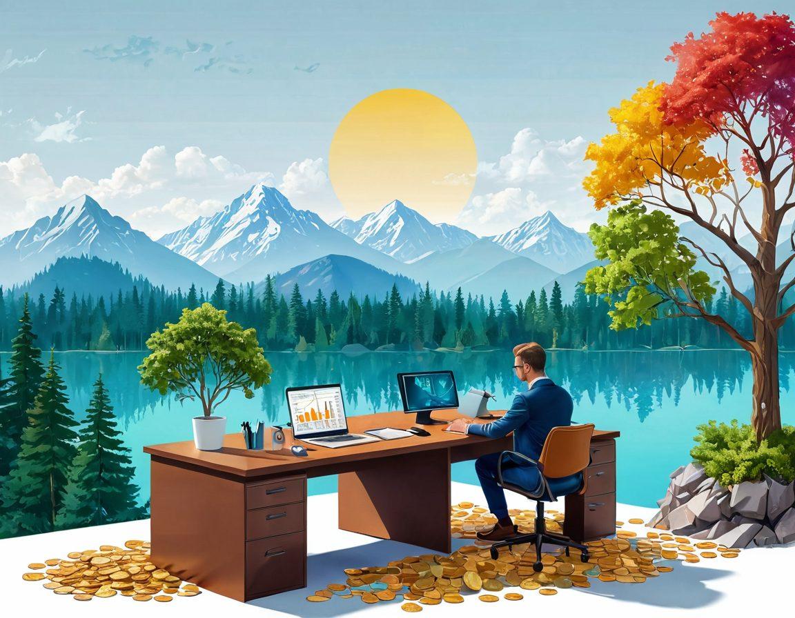A visually striking illustration depicting a diverse financial portfolio, featuring various investment symbols like stocks, bonds, real estate, and cryptocurrencies. In the background, a serene landscape of wealth accumulation with trees made of coins and growing charts. Include a person thoughtfully evaluating their choices at a desk filled with portfolio documents and tools. The colors should be vibrant, radiating positivity and abundance. super-realistic. vibrant colors. white background.
