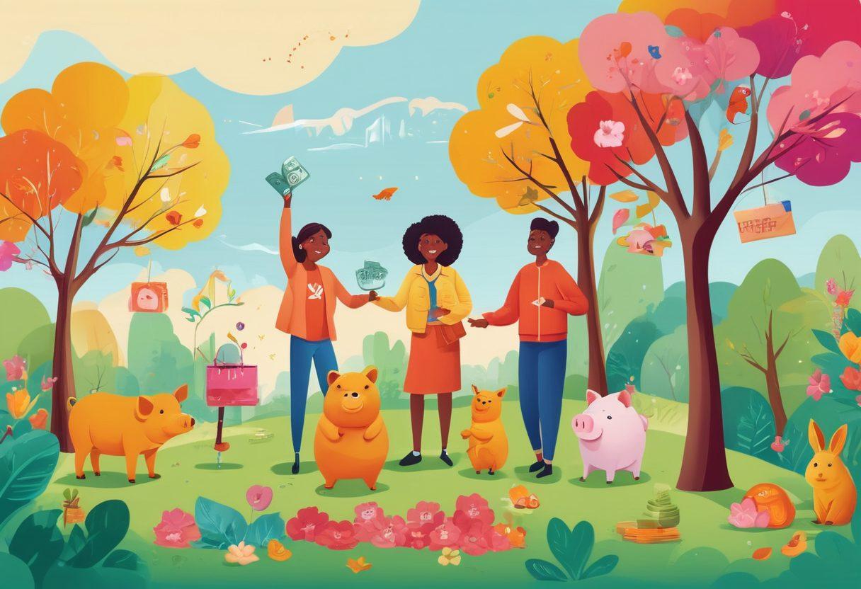 A vibrant and uplifting illustration showcasing a diverse group of people happily managing their finances together. Include elements like colorful graphics of coins, charts, and piggy banks, symbolizing joyful money management. The background should be bright and sunny, with blooming trees and playful animals representing a flourishing future. Use cheerful colors and engaging, cartoon-style characters to inspire a sense of optimism. vector art. vibrant colors.
